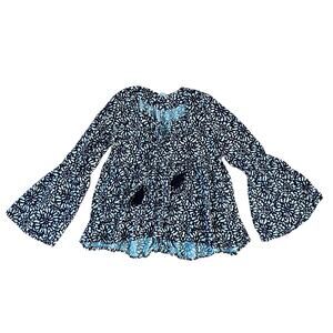 En Creme Navy and White Bell Sleeve Boho Blouse with Tassles | L
